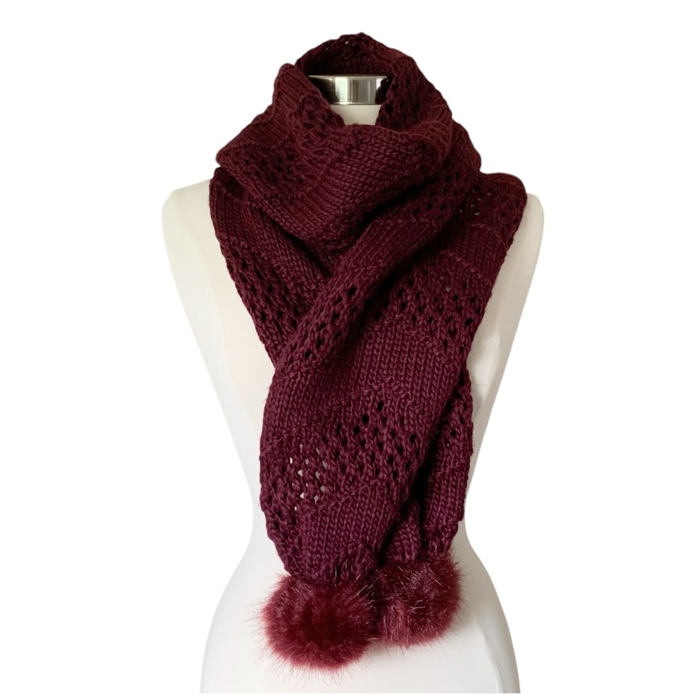 MixIt Maroon Acrylic Knit Scarf with Faux Fur Pompoms